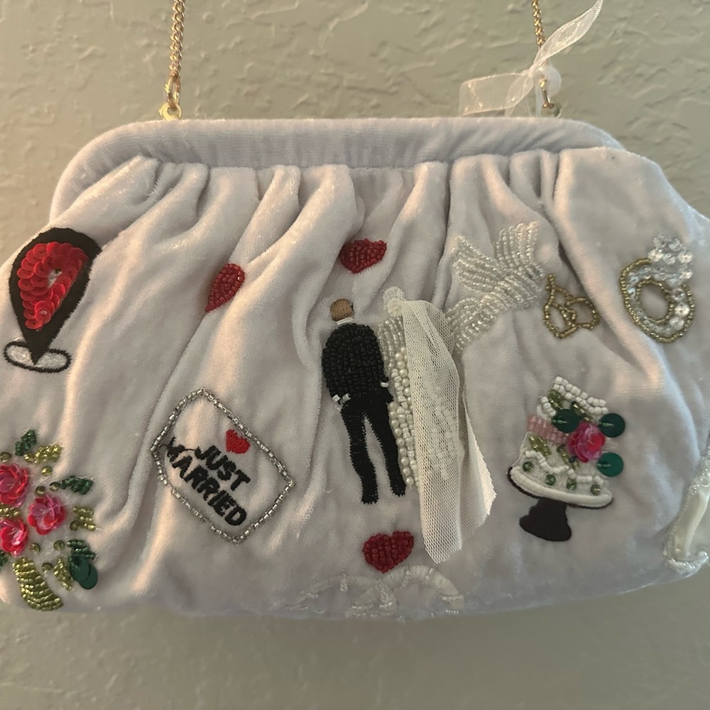 Bridal Embellished White Velvet Clutch with 'Just Married' Detail